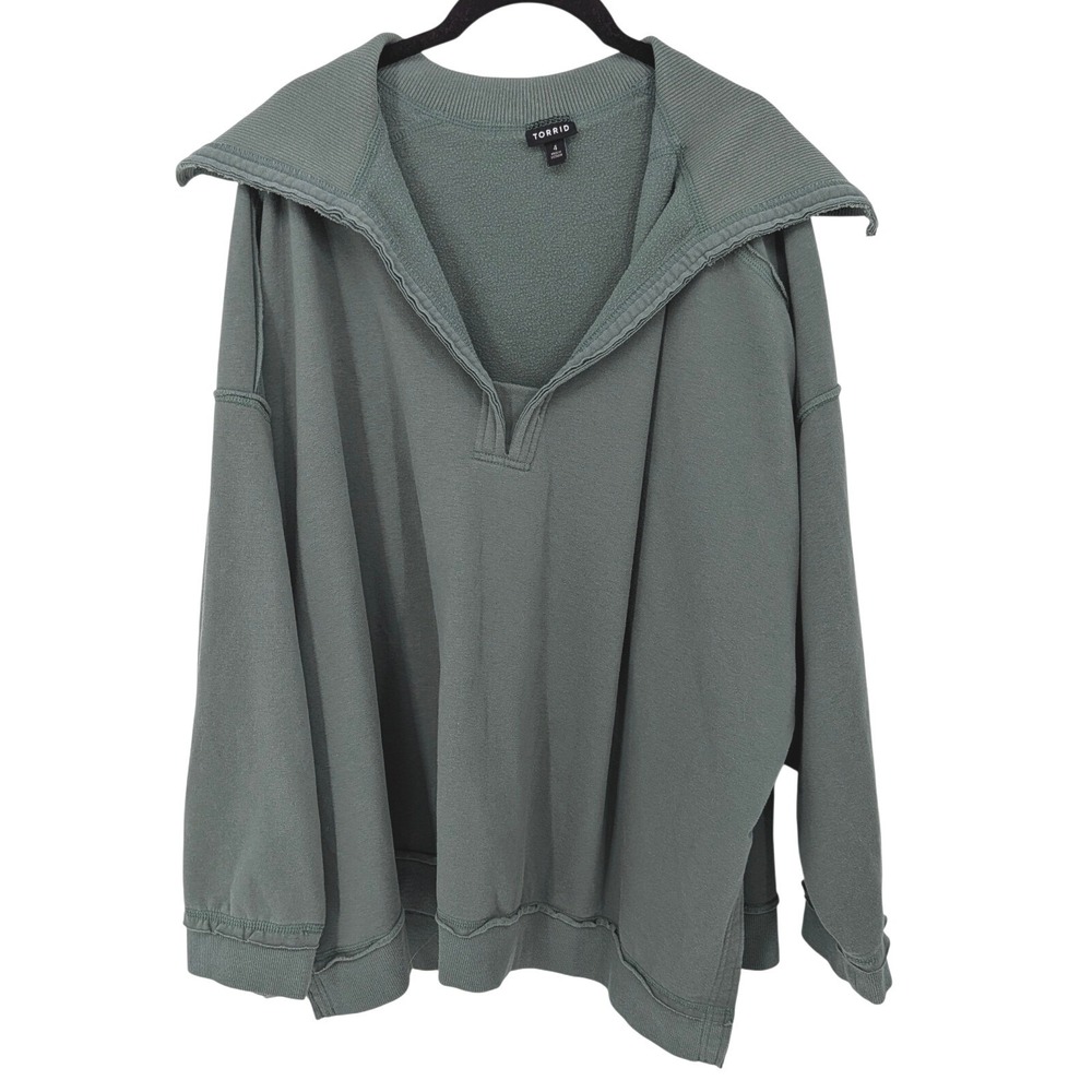 Torrid Super Soft Fleece Pullover Women 4X Green Oversized Raw Hem Wide Collar